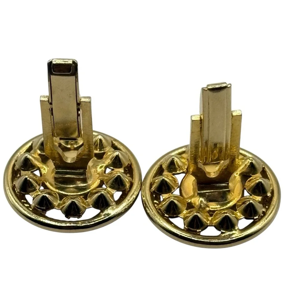 Gold Tone Rhinestone Cufflinks Black‎ Center Round Vintage Rope Twist Design MCM
